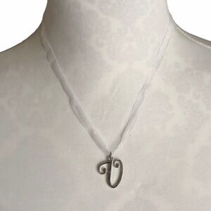 Silver Cursive Script Letter V Initial Charm Pendant & Ribbon Necklace | Initial
